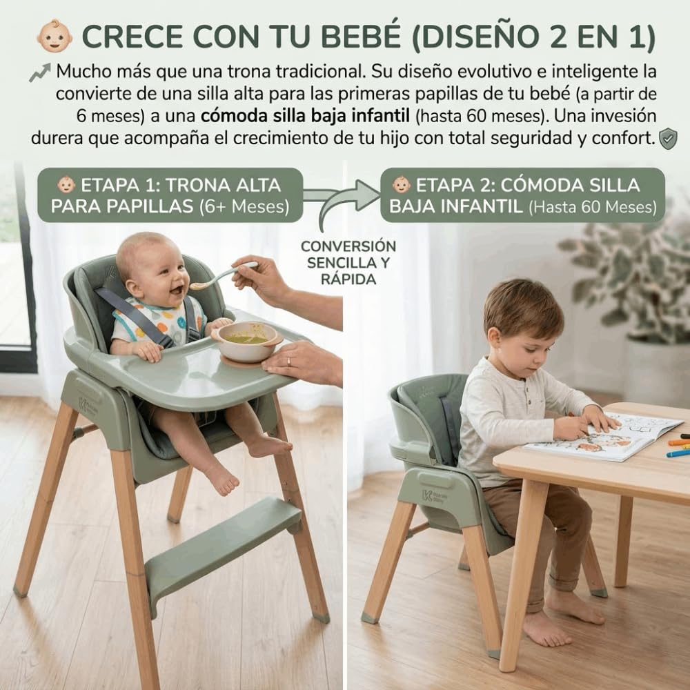 DEVESSPORT Trona 2 en 1 Plegable y Evolutiva (6 a 60 Meses) - Silla Alta Convertible con Montaje Sin Herramientas, Bandeja Extraíble, Cojín Lavable y Estructura de Acero Lacado - Verde