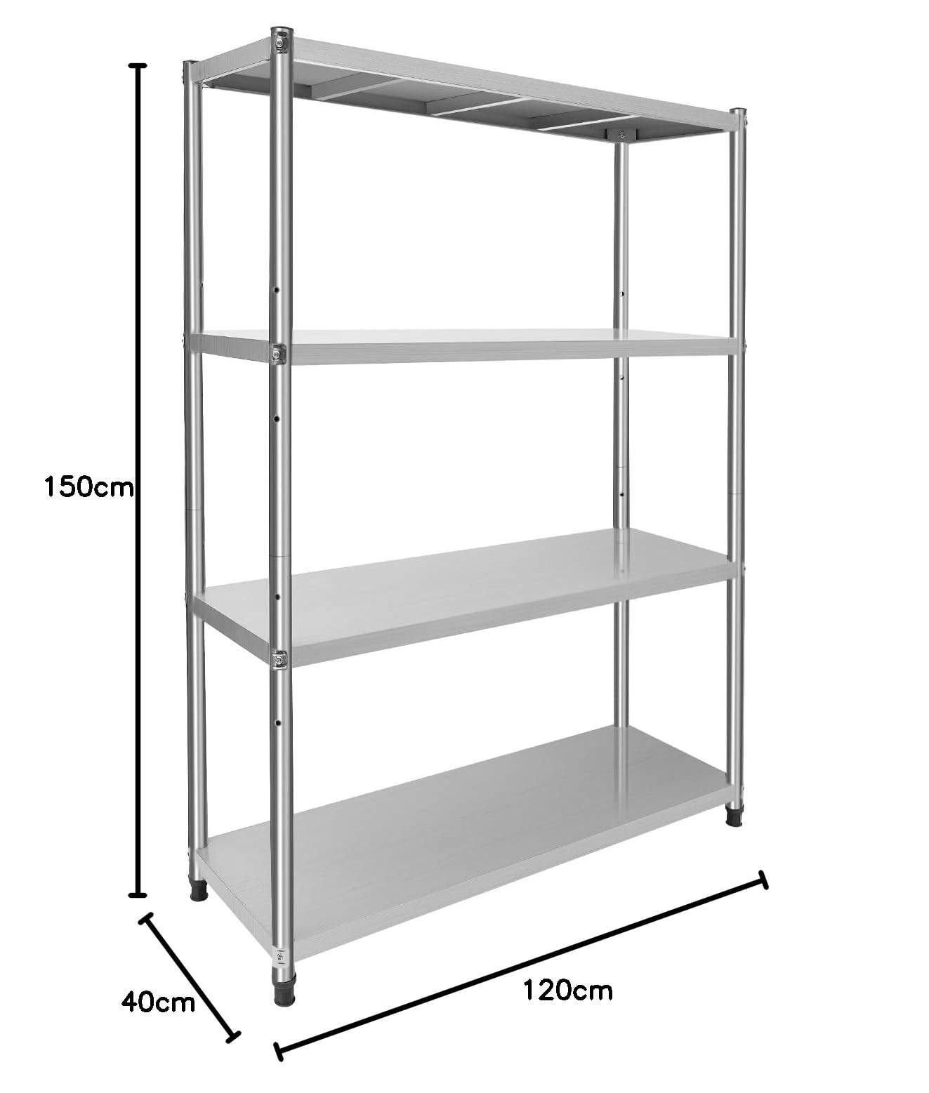 Scaffale da cucina in acciaio inox, per carichi pesanti, 120 x 40 x 150 cm, 4 ripiani in acciaio inox, per uso commerciale e domestico, con strati antiscivolo e struttura modulare