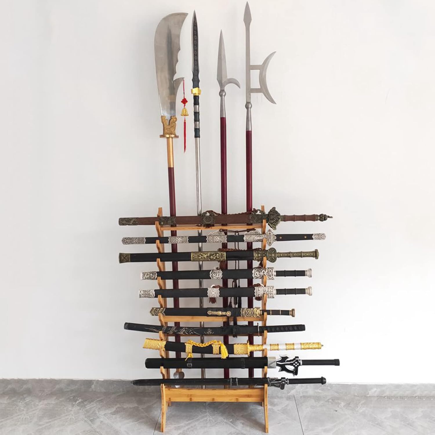 Multilayer Floor Standing Sword Stand Katana Holder, 10/12-Floors Weapon Display Weapon Racks, Vertical Solid Wood Martial Arts Sword Stand Hanger For Storing Various Swords And Long Weapons (5 Hole