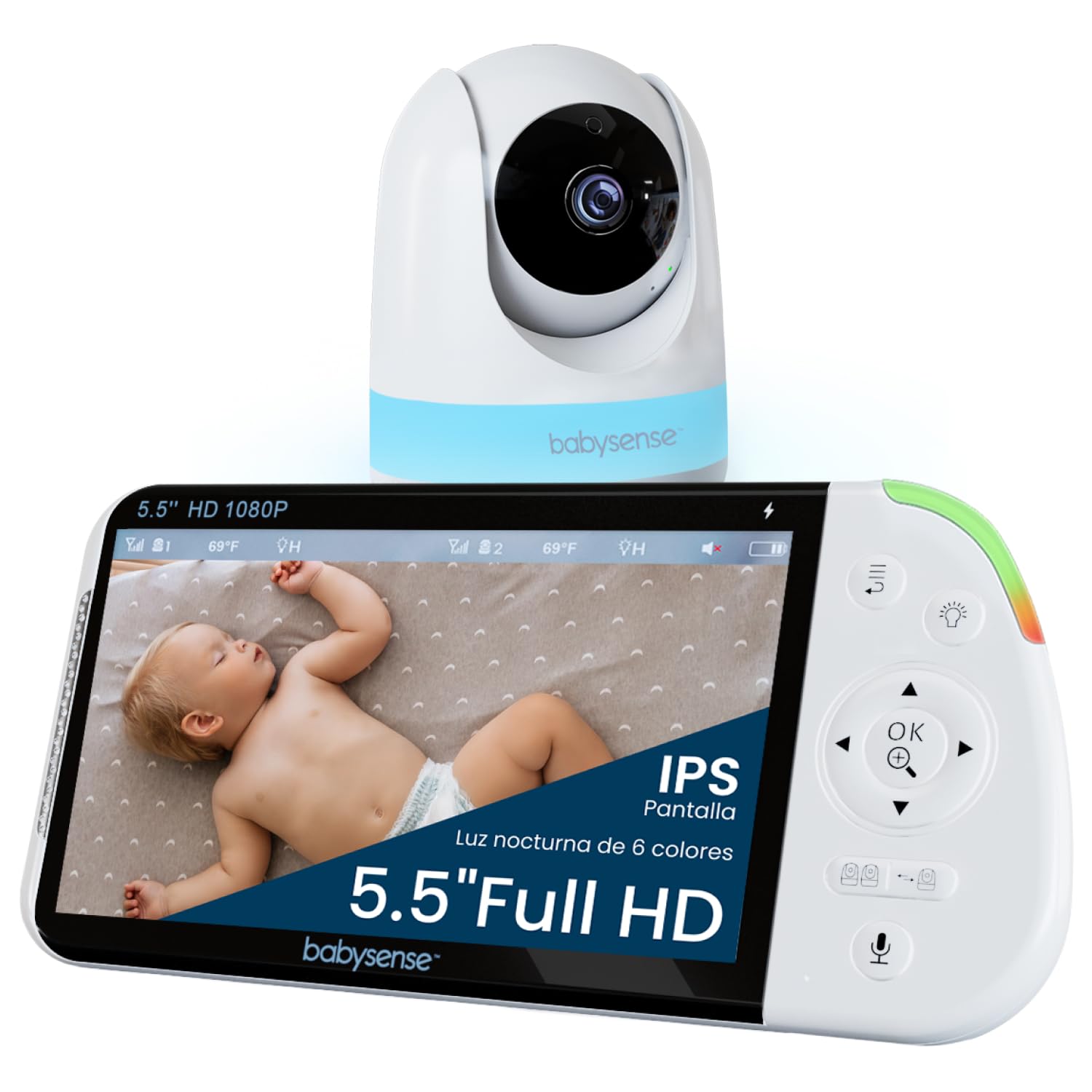 Babysense - Vigilabebés Full HD con pantalla dividida y 1 cámara, luz nocturna en 6 colores, máquina de sonido y luz, b…