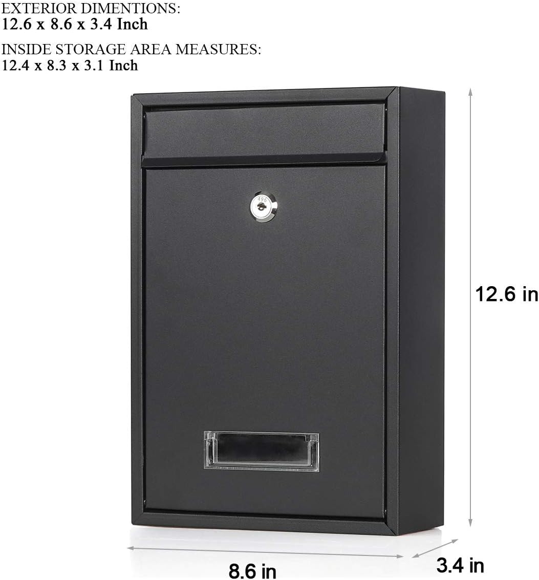 Jssmst Locking Mailboxes Wall Mounted Vertical Key Lock Drop Mail Box Medium Capacity Galvanized Steel Cover Rust-Proof Metal Post Box, 12.6 x 8.6 x 3.4 Inch, Black Matt, SM-0601LM