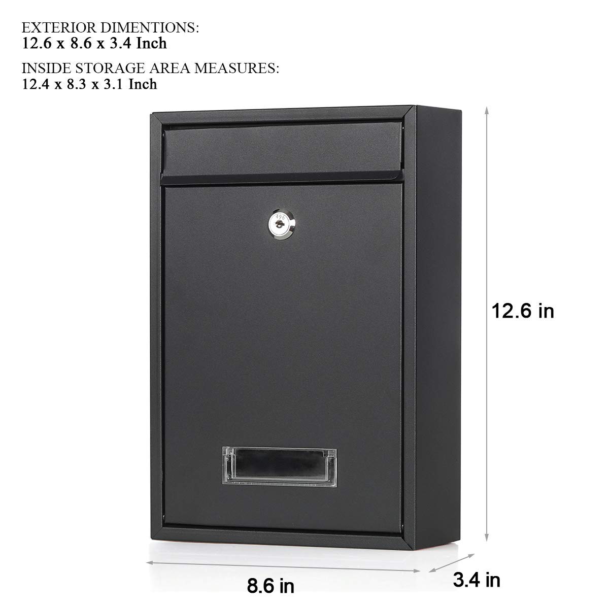 Jssmst Locking Mailboxes Wall Mounted Vertical Key Lock Drop Mail Box Medium Capacity Galvanized Steel Cover Rust-Proof Metal Post Box, 12.6 x 8.6 x 3.4 Inch, Black Matt, SM-0601LM