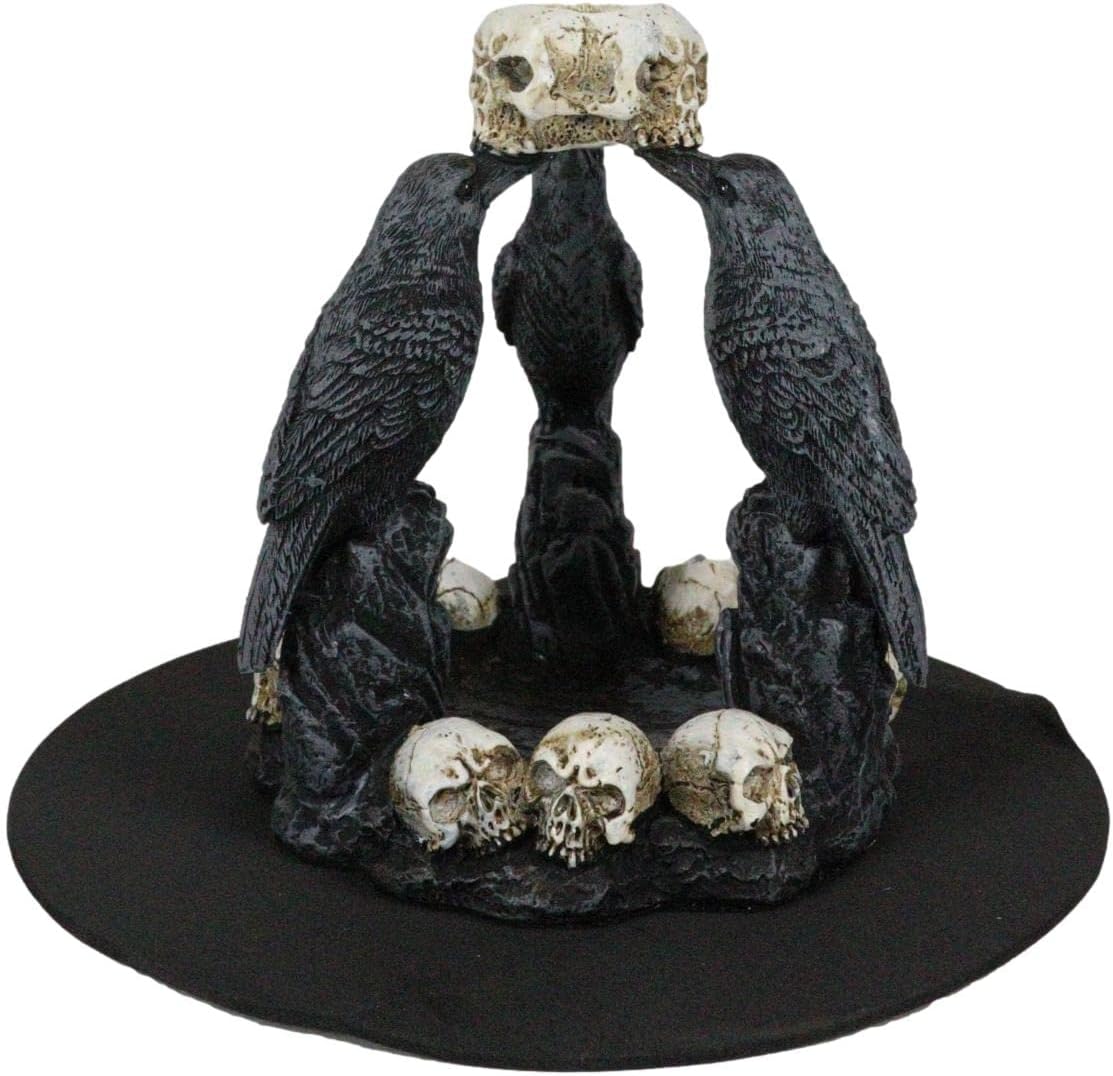 Ebros Gift Gothic Macabre Quoth The Raven Nevermore Trio 3 Ravens with Skulls Backflow Incense Cone Burner Figurine Ravens Crows Wicca Witchcraft Sorcery Home Decor