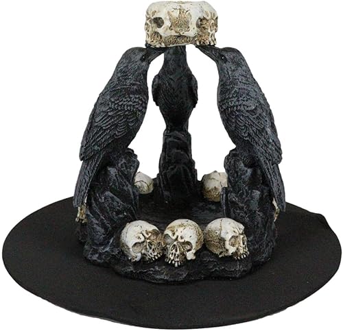 Ebros Gift Gótico Macabre Quoth The Raven Nevermore Trio 3 Ravens with Skulls Backflow Incienso Cono Quoth Figurine Ravens Crows Wicca Brujería