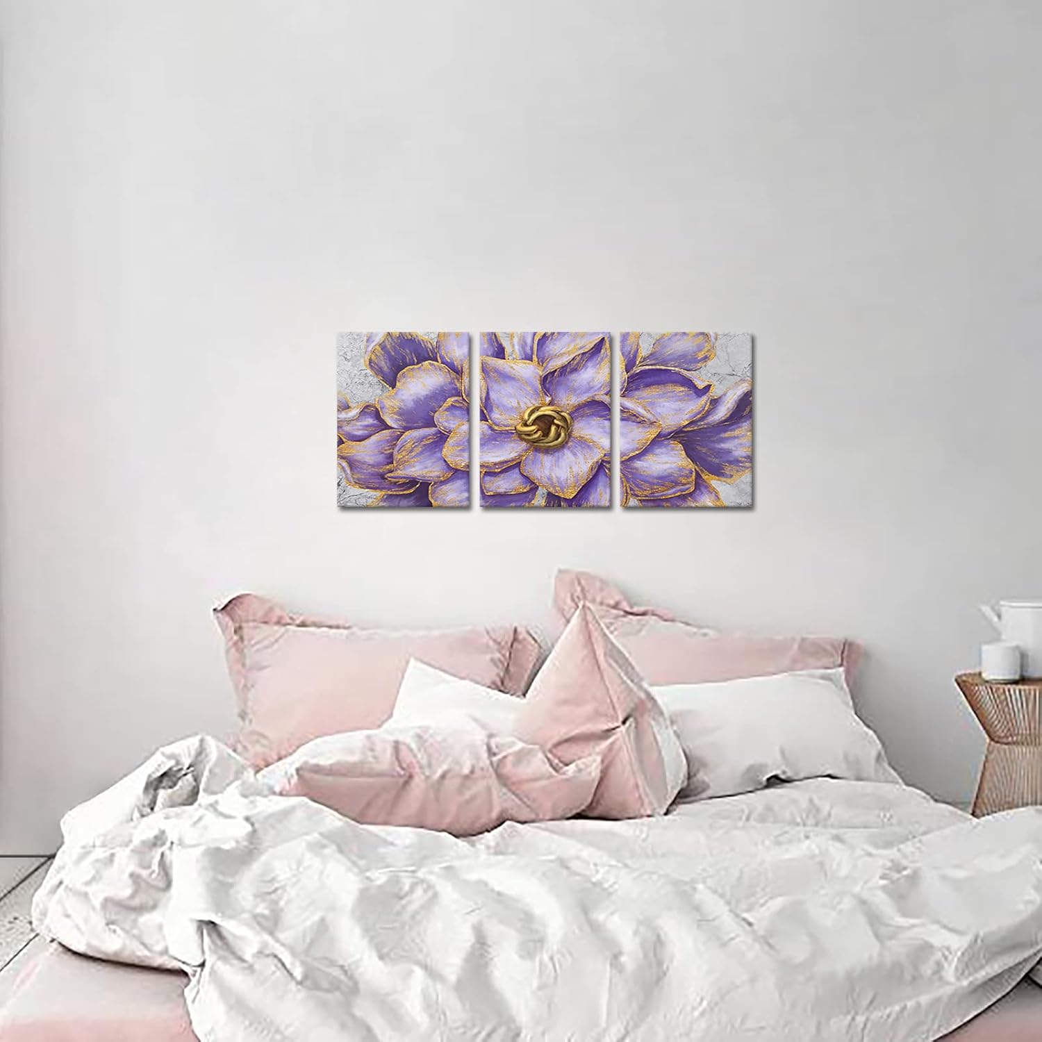 Kalormore Purple Gold Flowers Painting 3 Pieces Vintage Floral Canvas Prints for Home Living Room Bedroom Wall Decoration Gallery Wrapped Premium Picture Artwork - Image 4