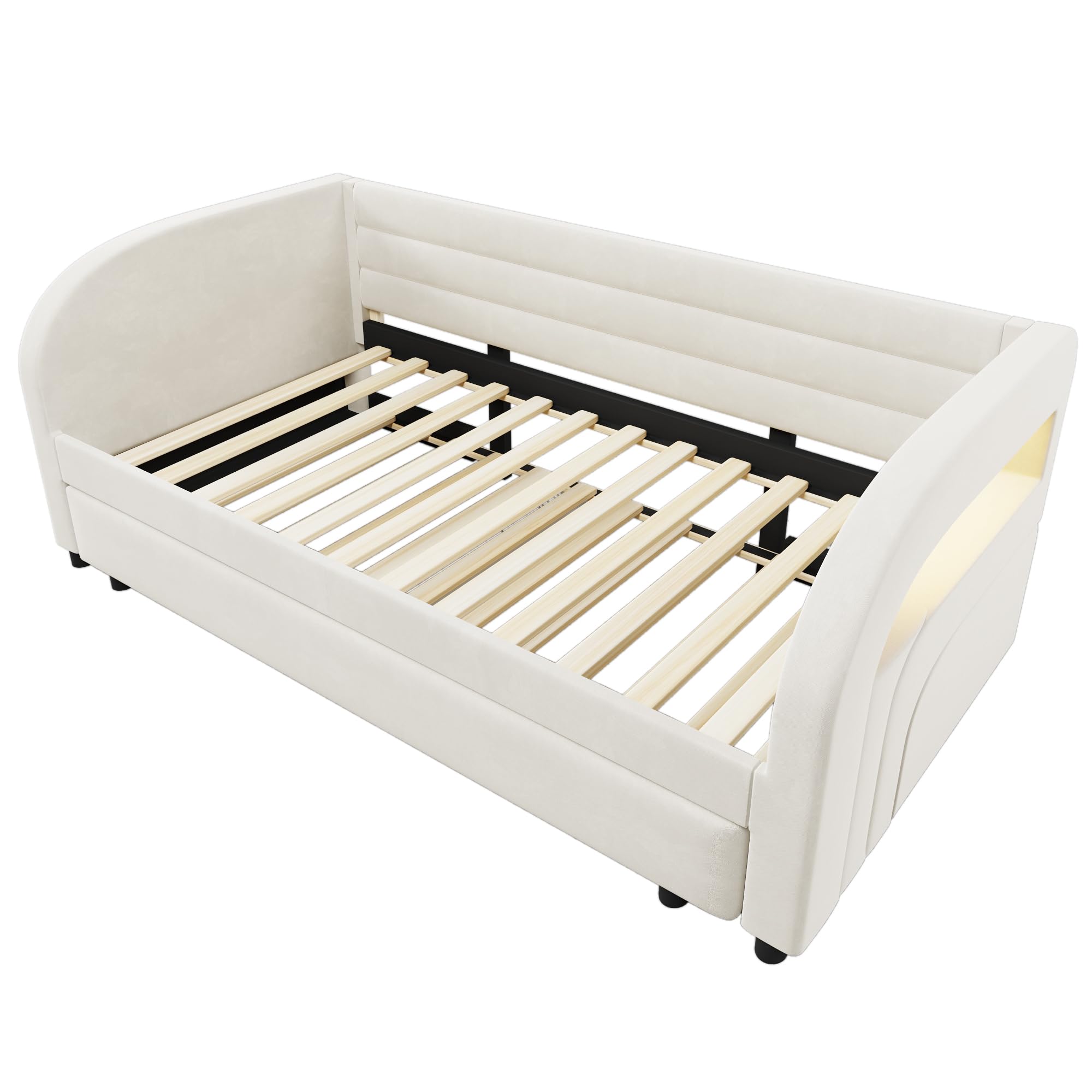 Lit 90x200 cm Capitonné avec Sommier à Lattes et Banquette Gigogne LED RGB - Lit Plateforme Design en Velours pour Chambre Décoration Moderne - Cadre de Lit Robuste et Confortable
