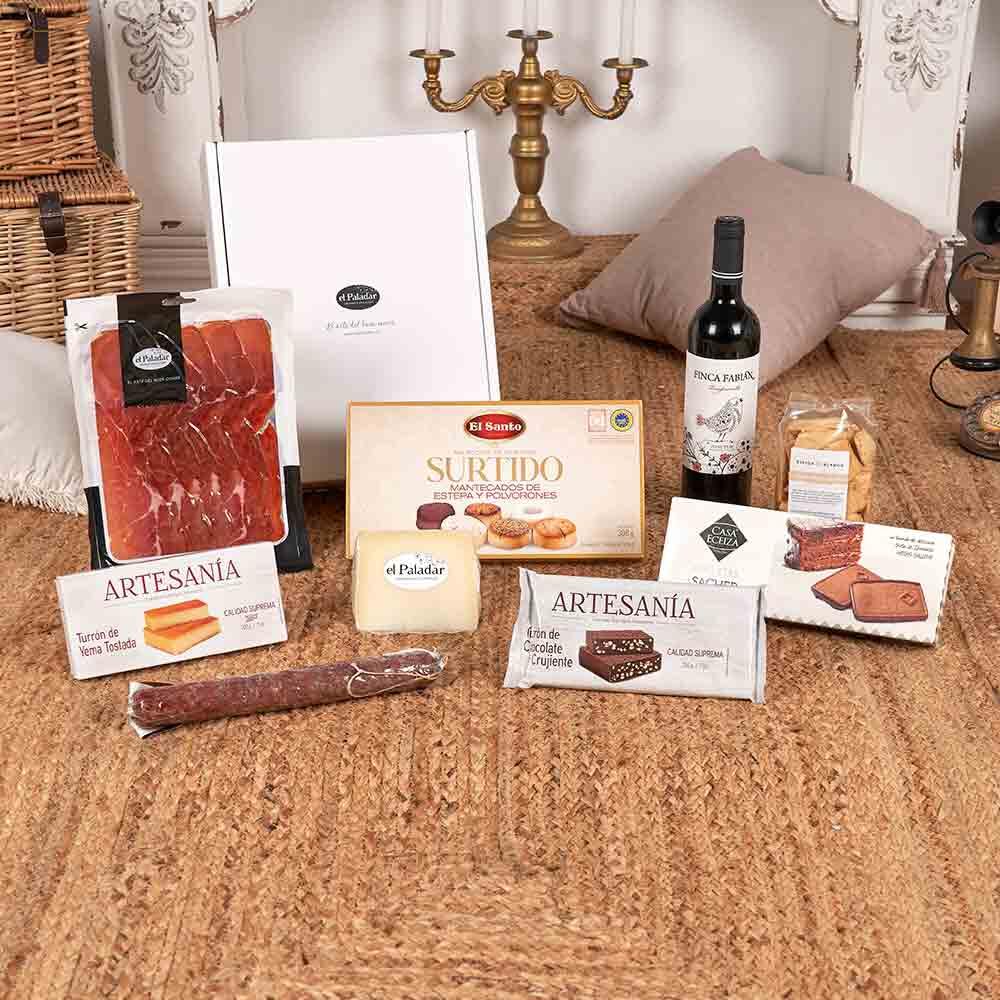 Cestas de Navidad, Regalos y Lotes Gourmet | LOTE EMPRESA 045-25 / con vino ecológico Tempranillo, ibéricos, queso curado y dulces artesanos en caja regalo personalizada empresa