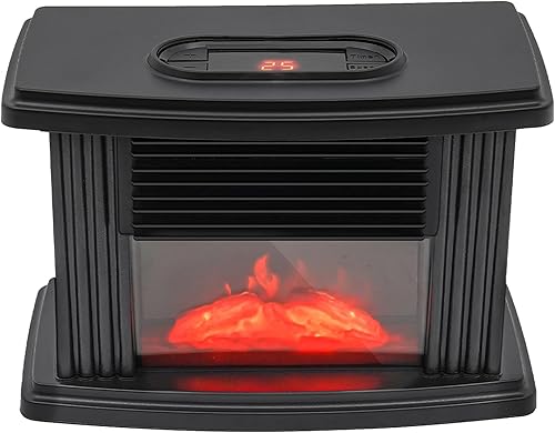 Miniatura 2 de Calentador eléctrico de chimenea, 1000 W, llama 3D, calentador de aire pequeño, temperatura y temporizador y velocidad del aire, estufa eléctrica
