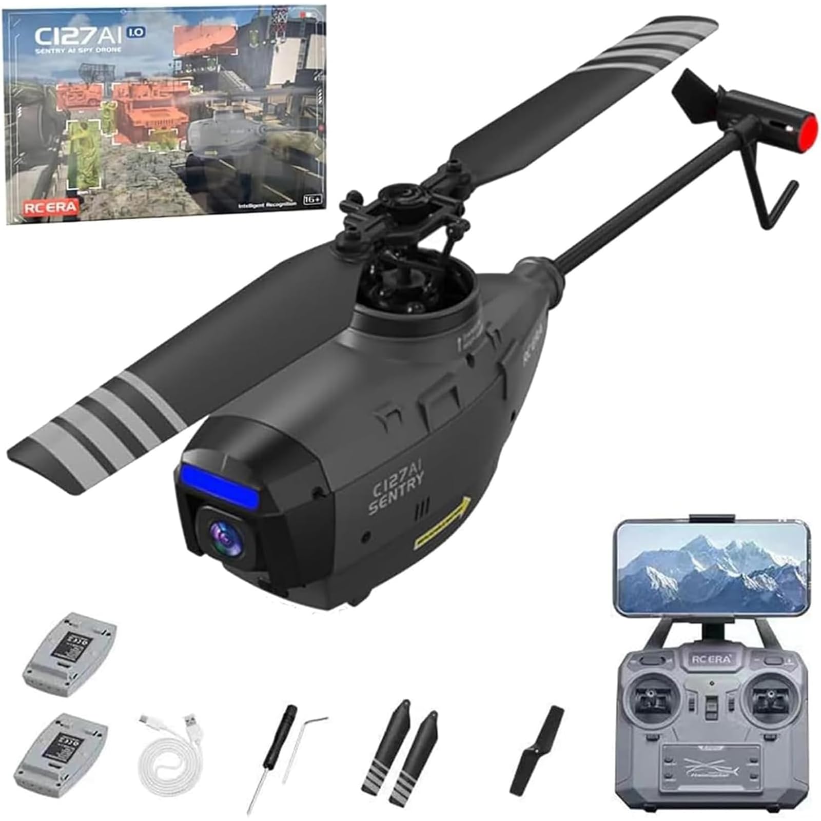 C127AI Scout RC Helicopter z kamerą 1080P, 4-kanałowy inteligentny helikopter zdalnie sterowany z 6-osiowym żyroskopem, jednym przyciskiem startu/lądowania