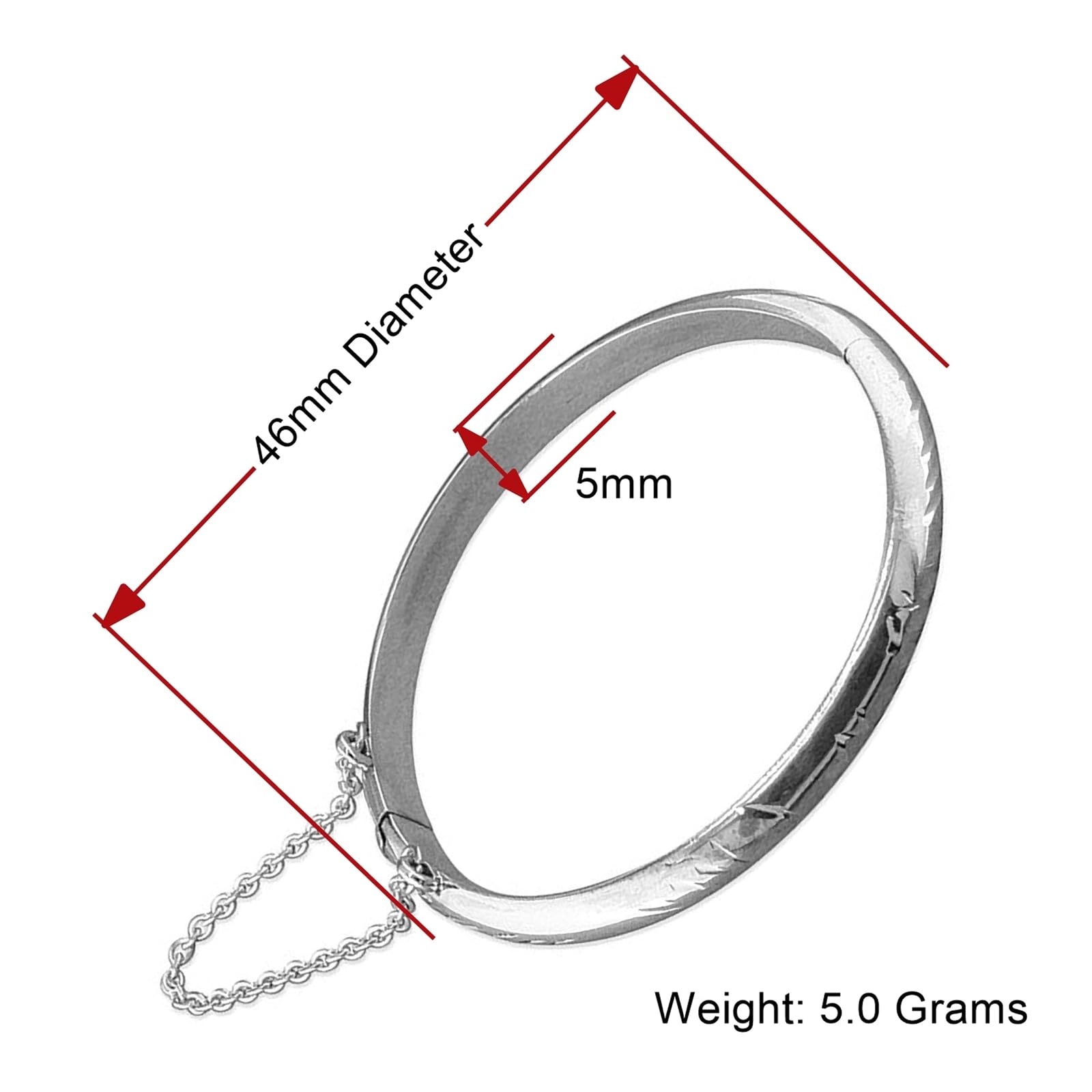 Designer Inspirations Boutique Brazalete con bisagras y patrón grabado/grabado con corte de diamante redondo de 5 mm de ancho con cadena de seguridad para bebés/niños/mujeres - Plata de ley 925 -