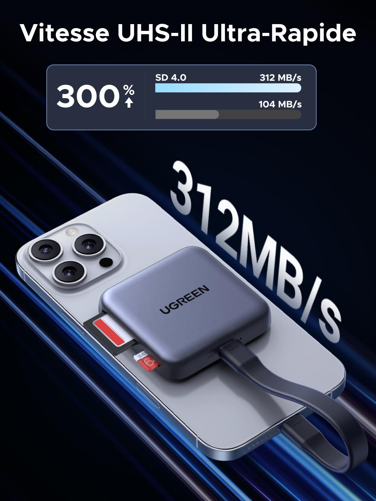 UGREEN Magnétique Lecteur Carte SD 4.0 UHS II 312MB/s avec PD 100W Charge | Adaptateur Carte MicroSD en Aluminium Card Reader Compatible avec iPhone 17 Air Pro Max 16 Galaxy S25 S24 iPad Pro MacBook