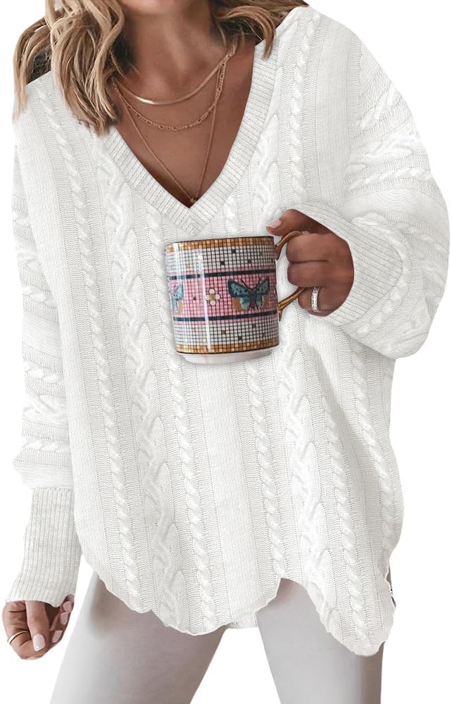 Cute Off Shoulder Sweaters for Women Long Sleeve Sweater Winter Casual Chunky Cable Knit Pullover Tops