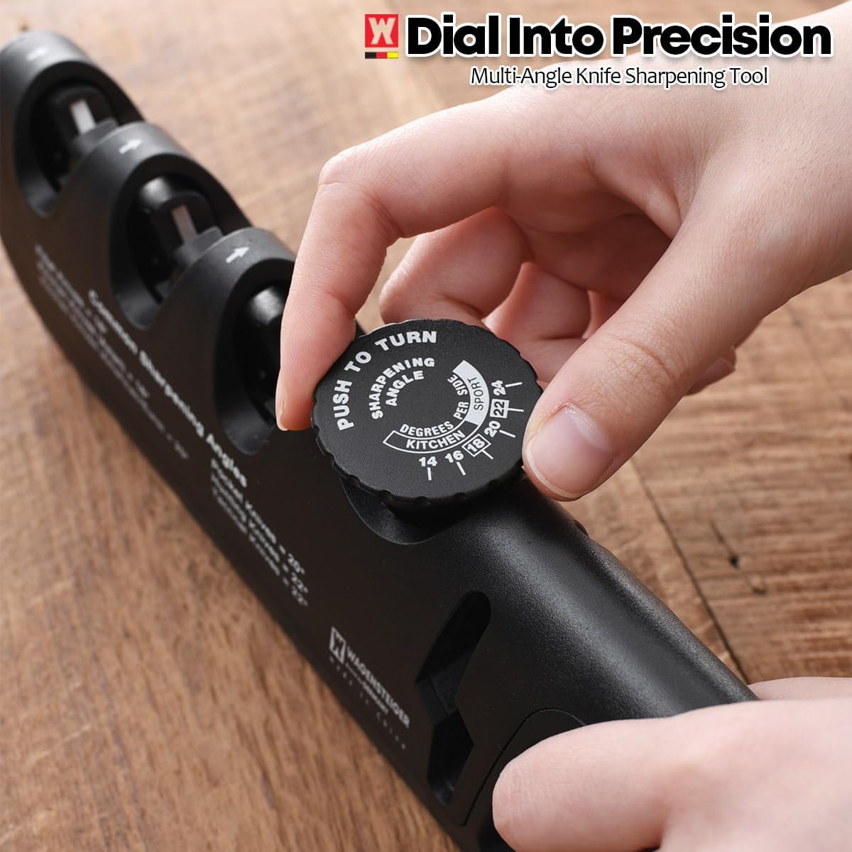 Wagensteiger Handheld Knife & Scissors Sharpener with Adjustable Sharpening Angle Controller, Sharpens Kitchen Knives & Pocket Knife, Non-Slip Bottom Pad (Tungsten + Emery + Ceramic + Scissors Slot)