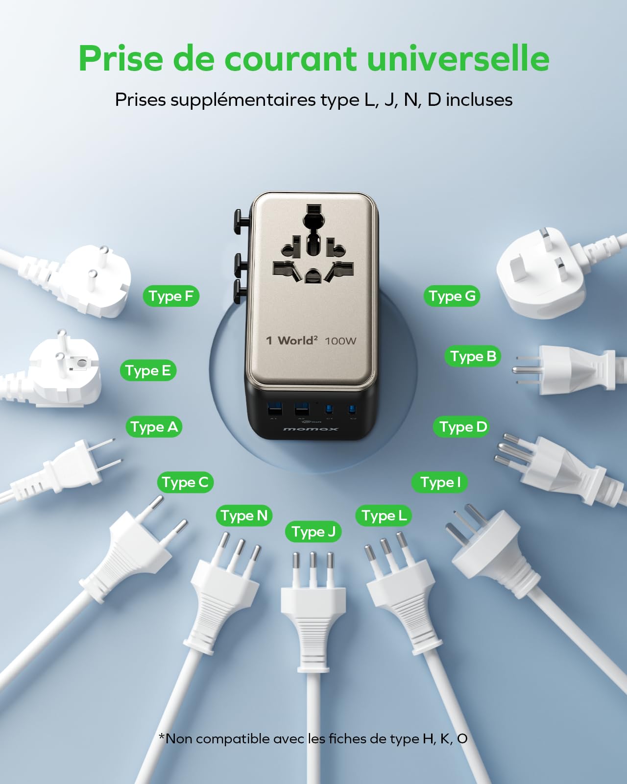 Chargeur Rapide Universel 100W GaN avec 2 Prises AC, 2 USB-C PD + 2 USB-A QC - Compatible avec Plus de 150 Pays dans Le Monde Entier (UE, États-Unis, Royaume-Uni, Japon, etc.) -Or