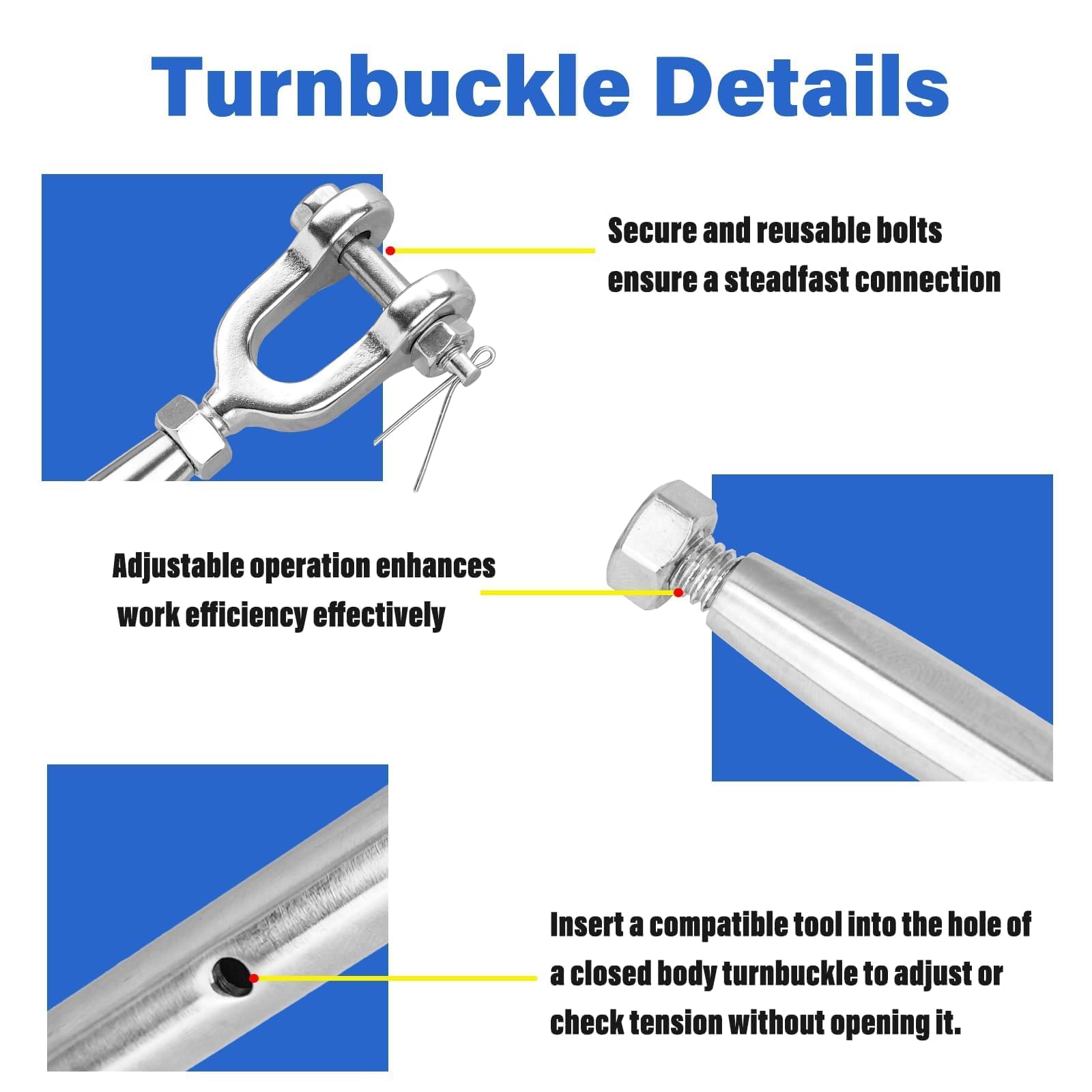 Tenditore in acciaio inox 304, 1/4" (M6), limite di carico di lavoro di 1500 kg, tenditori a ganascia e ganascia per cavi, vela ombreggiante, tensione fune, vite di sartiame