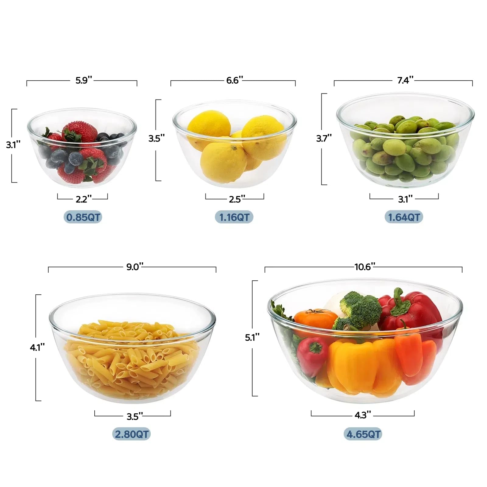Glas-Rührschüssel-Sets, 5 Packungen Glas-Schüsseln, große Salatschüssel-Sets für Mahlzeiten, Backen, Lebensmittelaufbewahrung, dicke Kochschüssel für Spülmaschine, Mikrowelle, Gefrierschrank, 4,65
