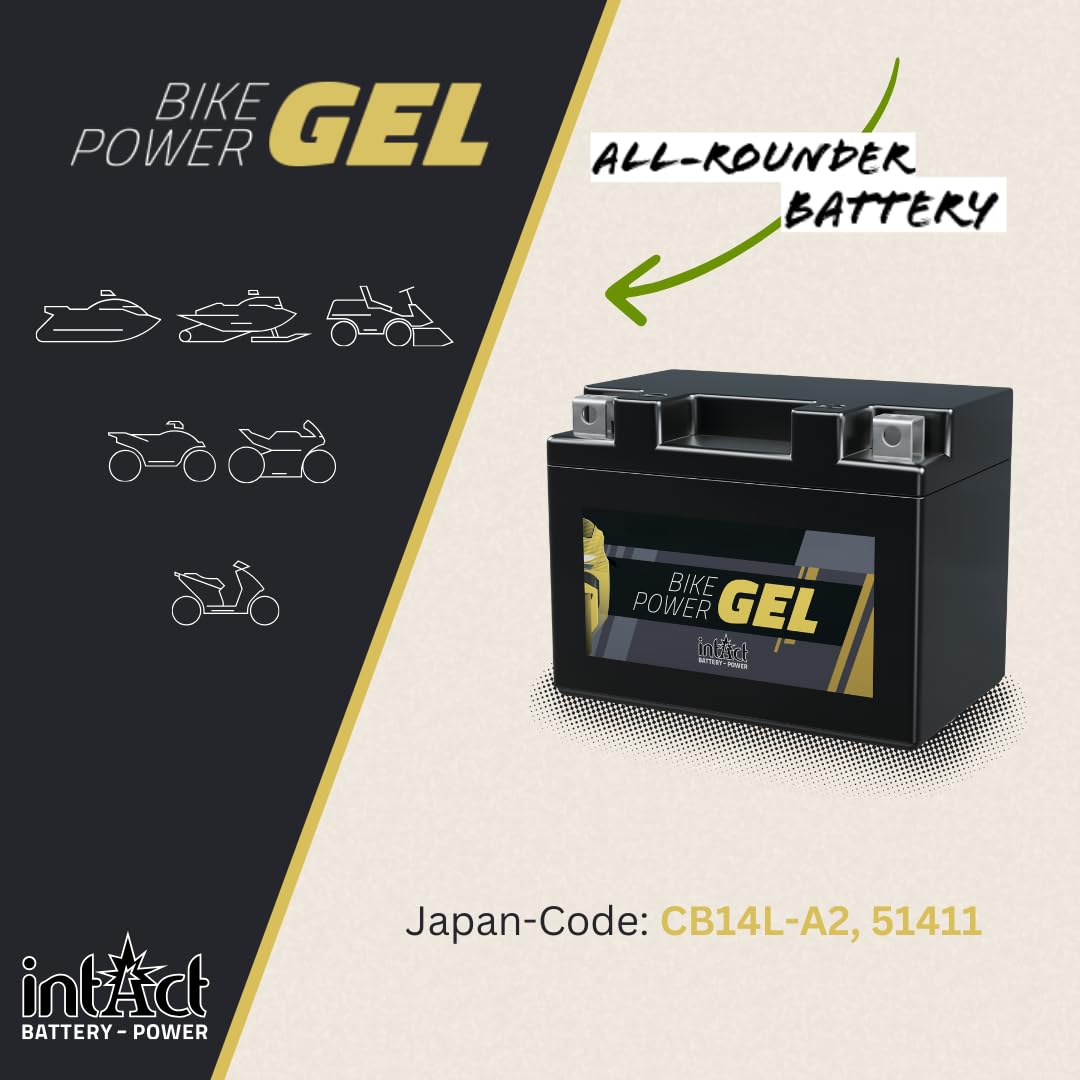 intAct - BATTERIA GEL PER MOTOCICLI Bike-Power GEL12-14L-A2. Sostituisce YB14L-A2, YB14L-B2, YTX14AHL-BS. Batteria per moto 12V 14Ah 250A. Dimensioni: 135x91x160 mm.