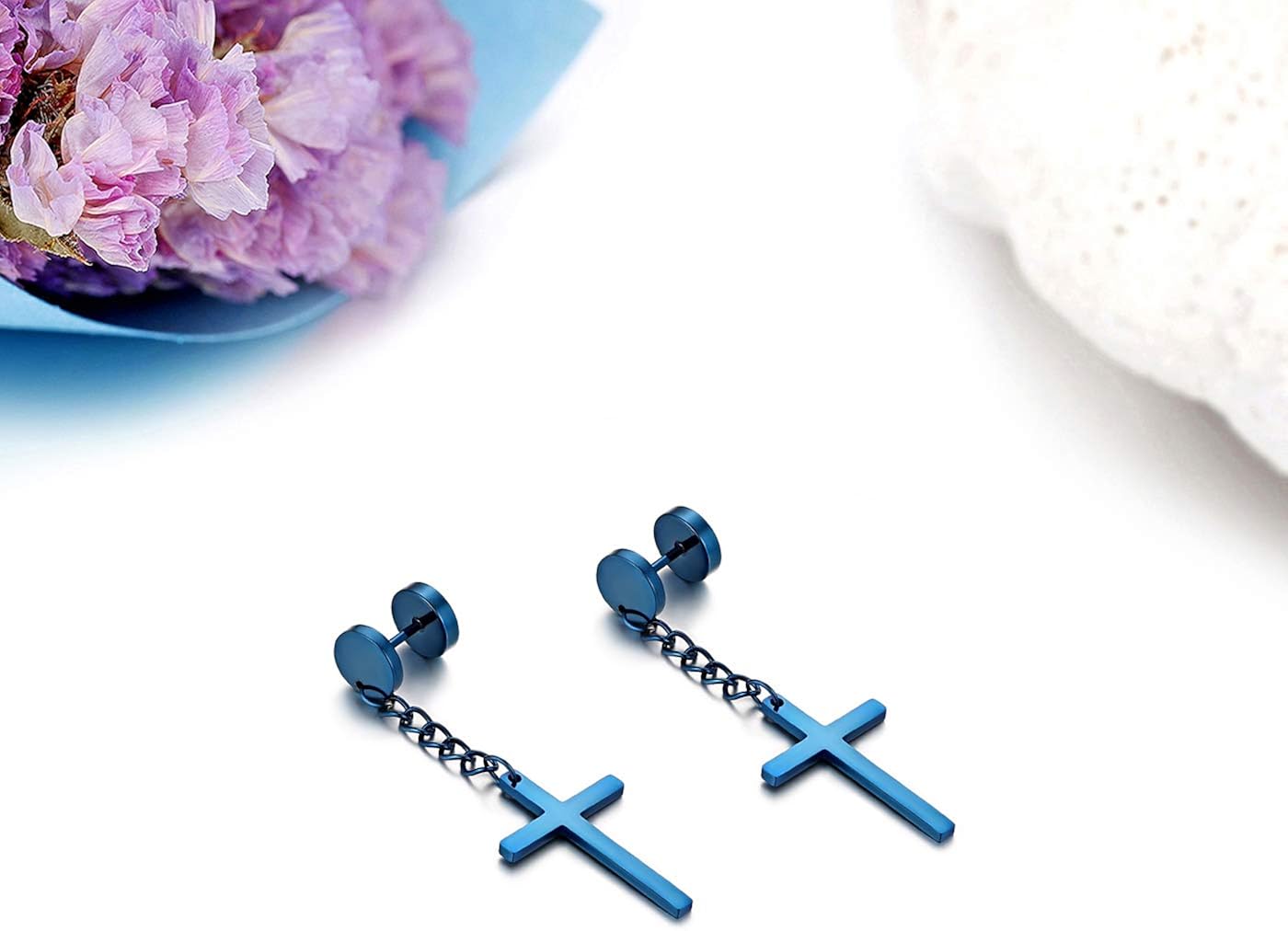 JewelryWe Religion Type Cross Stud Earrings For Women Men Blue Stainless Steel Earring Jewelry, 1 Pair Blue - Image 5