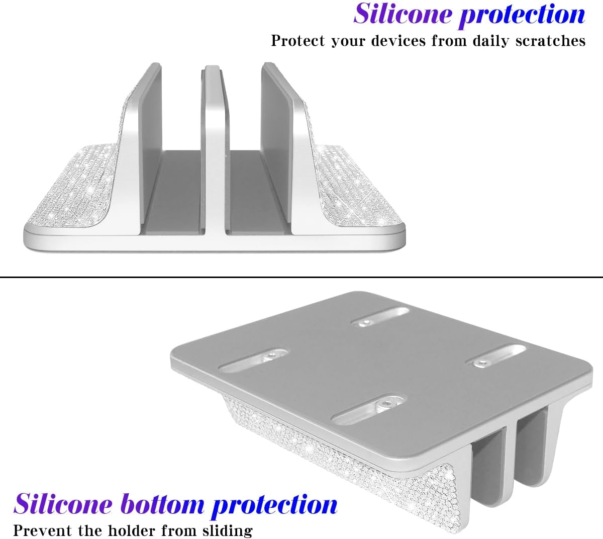 Bling Vertical Laptop Stand, Double Desktop Stand Holder with Adjustable Dock (Up to 17.3 inch),Compatible with All MacBook/Surface/Samsung/HP/Dell/Chrome Book (Silver Glitter Rhinestones)