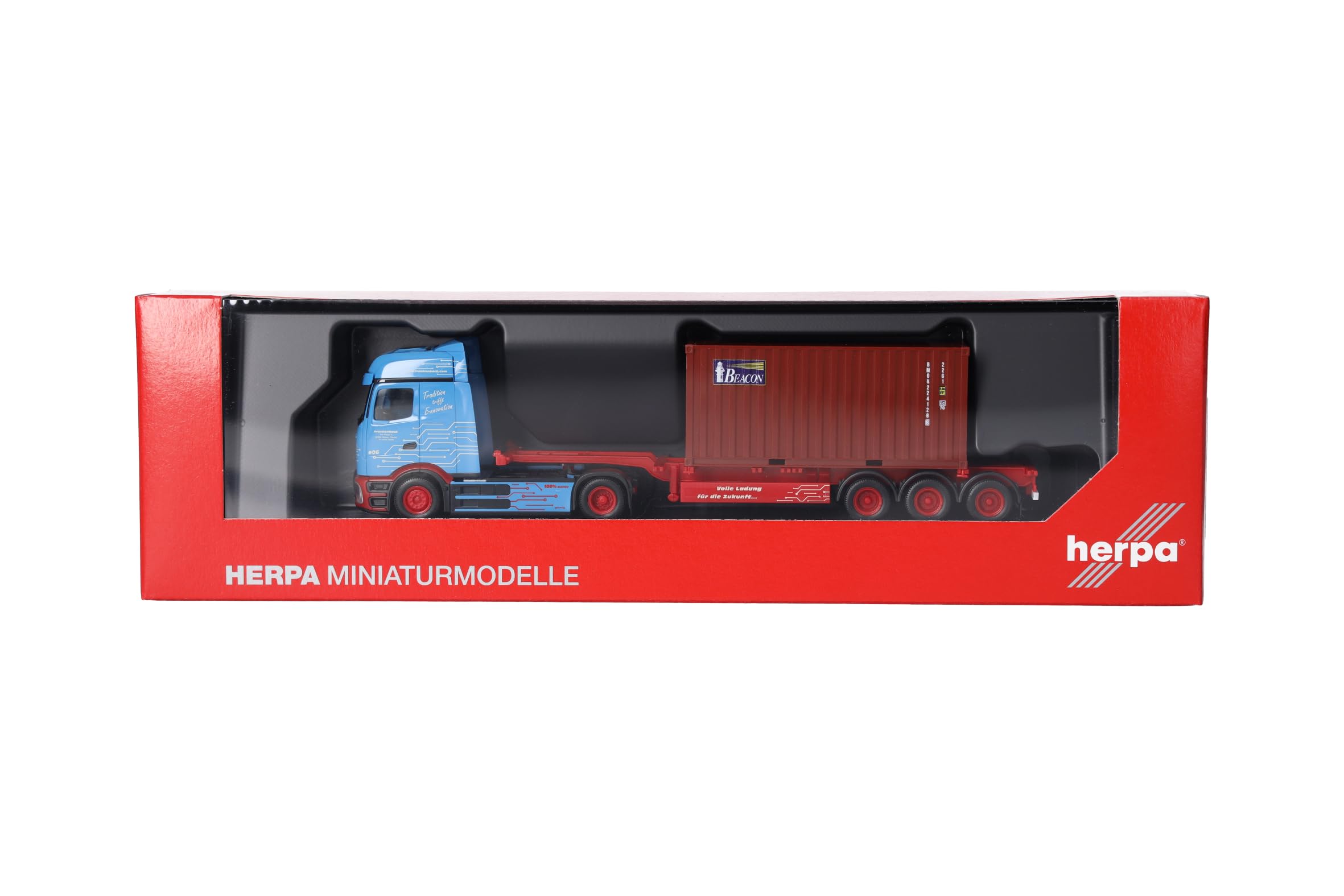 Herpa LKW Modell Mercedes-Benz eActros ProCabin BigSpace 20 ft. Container-Sattelzug Frankenbach, Miniatur im Maßstab 1:87, Sammlerstück, Made in Germany, Kunststoff