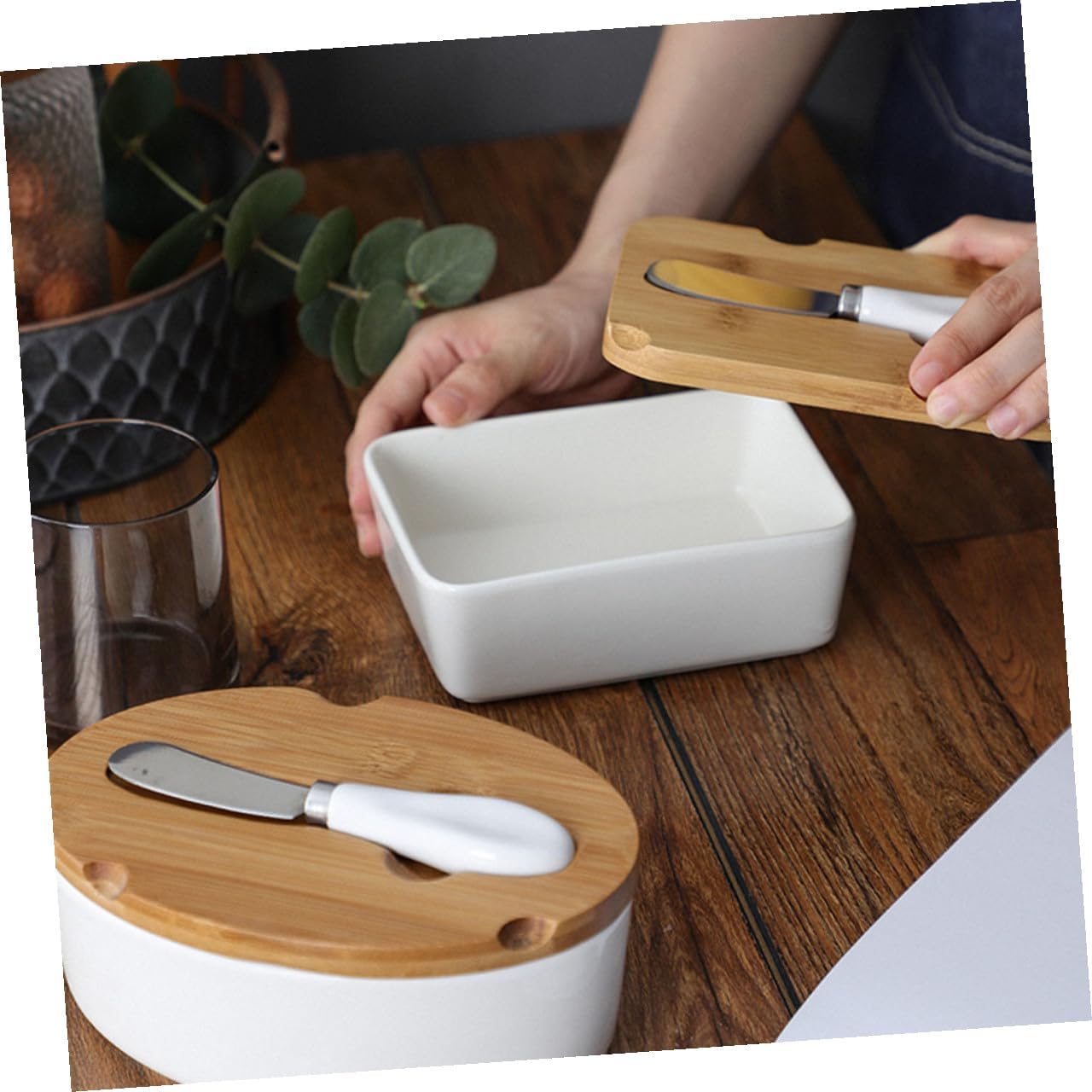 STOBAZA Ceramic Butter Dish Set with Cutter and Lid Airtight Butter Storage Container for Kitchen Counter and Fridge Nordic Style with Cheese Dish