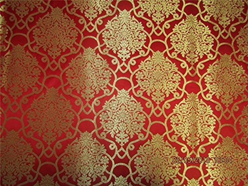 Soie brocade rouge et doré Bro584, un tissu luxueux aux fils métalliques
