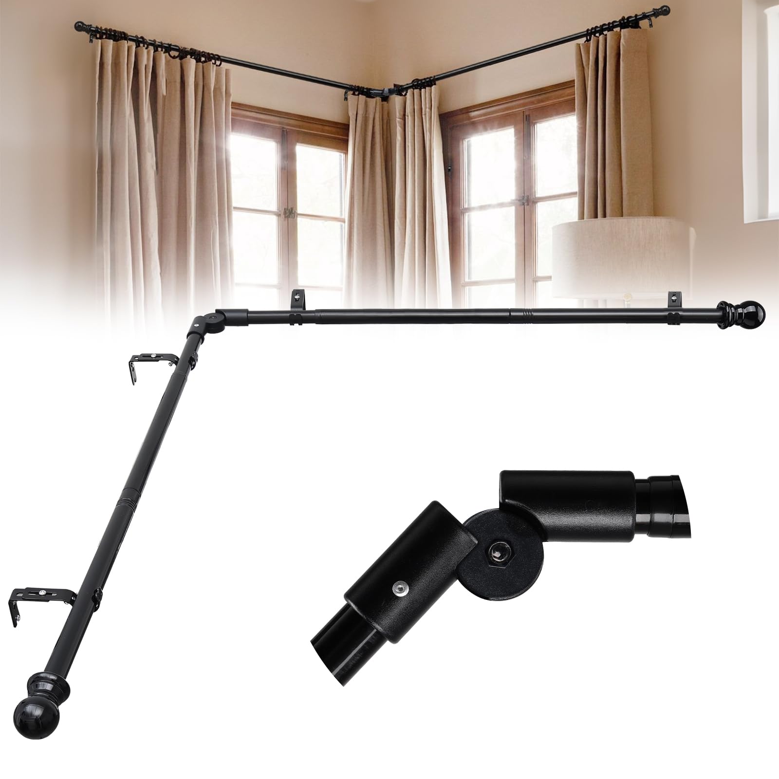 150 to 340 cm L Shape Extendable Curtain Pole 25 mm for Bedroom Living Room Kitchen