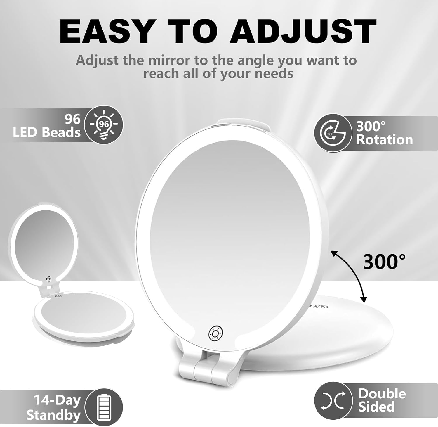 96 LEDs' Folding Rechargeable and 10x Magnification Makeup Mirror with Lights,6.3 Inch Double Sided Portable Travel Mirror with Case for Myopia and Makeup Fanatics Travel Essentials