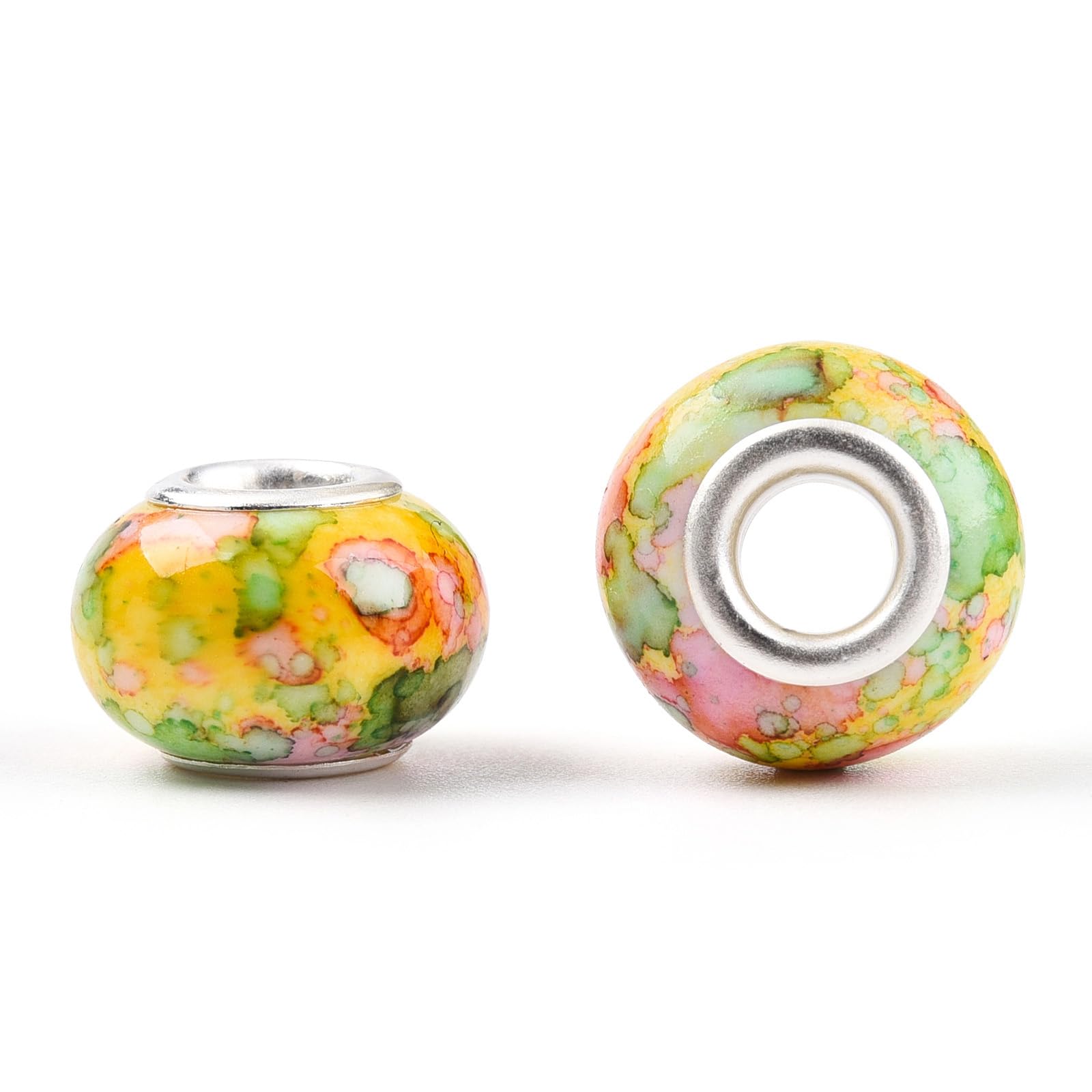 100 Stück Wasserfarben-Harz-Perlen mit großem Loch, europäische Perlen, silberner Messingkern, Rondelle-Charms für Armbänder, Halsketten, DIY-Stifte, Makramee-Haarzöpfe