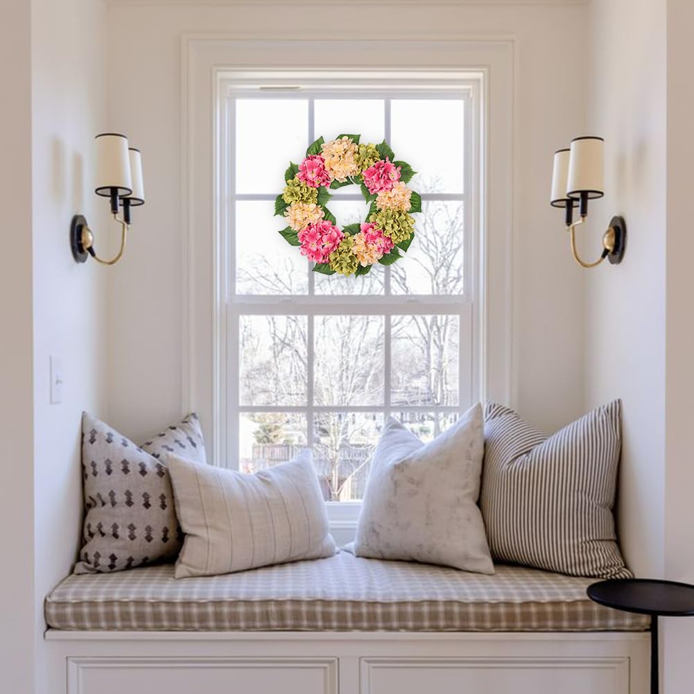 50cm Künstliche Hortensie Kranz Faux Blume Kranz, Faux Rosa Beige Grün Hortensie Dekorativen Kranz für Haustür, Mantel, Wand, Bauernhof Deko