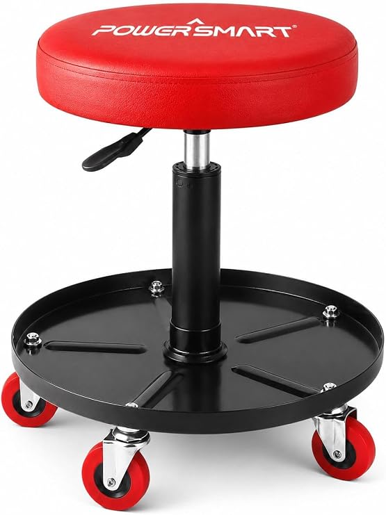 PowerSmart Pneumatic Roller Seat with Wheels, Adjustable Rolling Mechanic Stool with Tool Tray, Hydraulic Garage Shop Stool, 330 lbs Capacity Swivel Creeper Seat for Automotive Repair