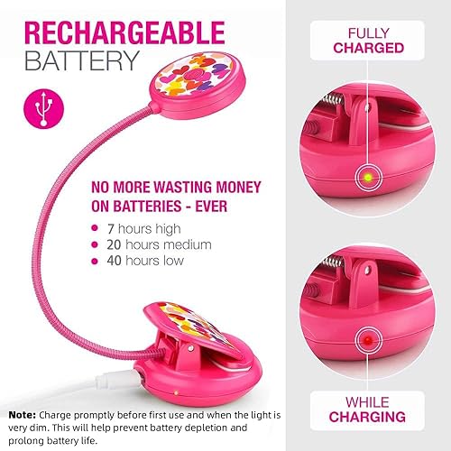 Vista 4 de Vekkia Bonita luz recargable para libros, luces con clip para el cuidado de los ojos para leer en la cama, 3 colores y 3 brillos, 1.8 onzas ligeras