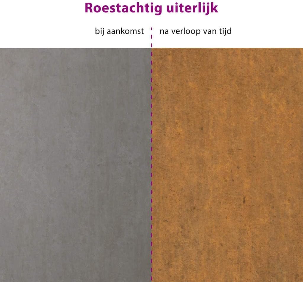 Diagram illustrating steps to accelerate Corten steel rusting: mixing soap and water, mixing salt and water, spraying the surface, and waiting for 30 days for color change, with a warning to avoid touching to prevent stains.