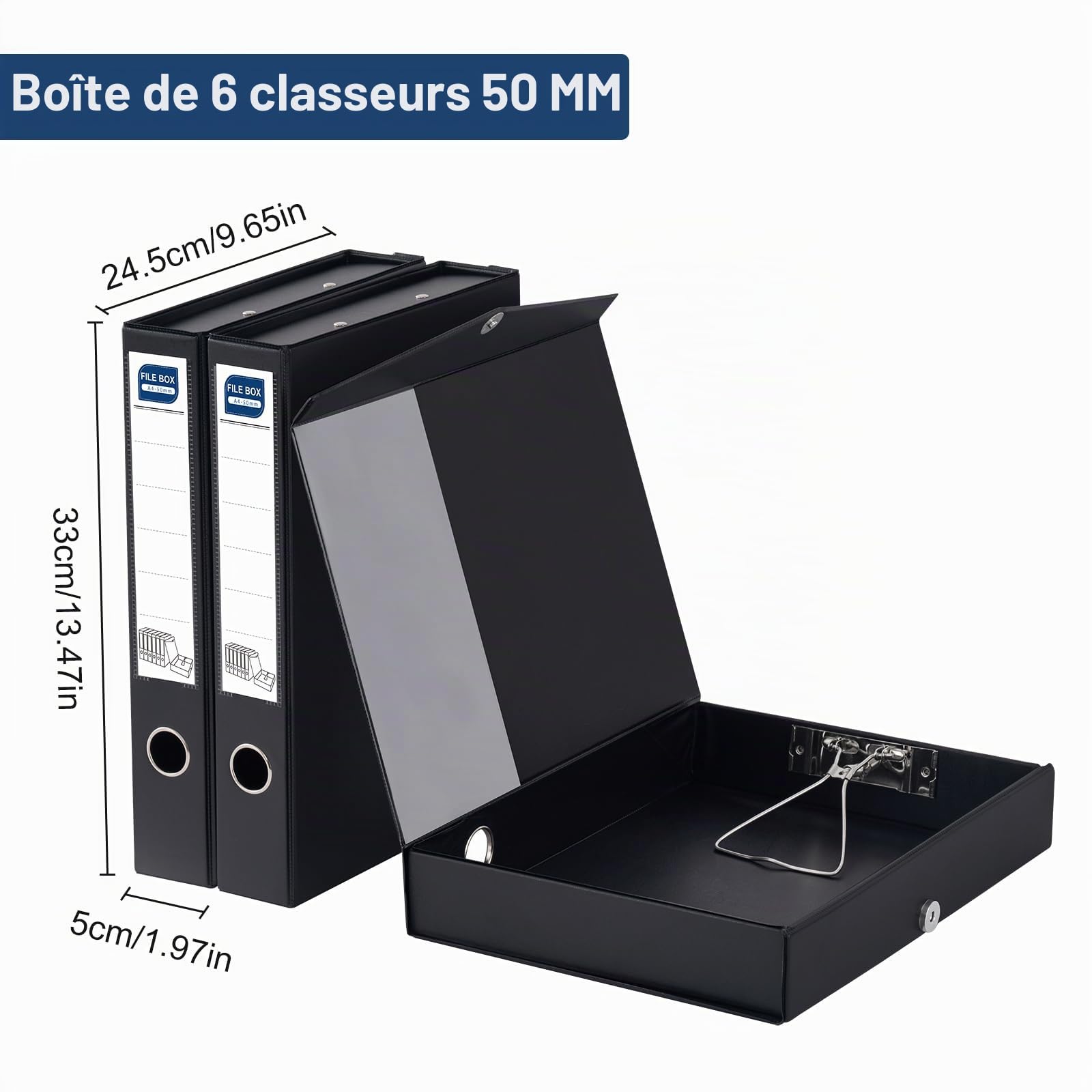 Lot de 6 Boîtes de Classement A4, Dos de 50 mm, Noir