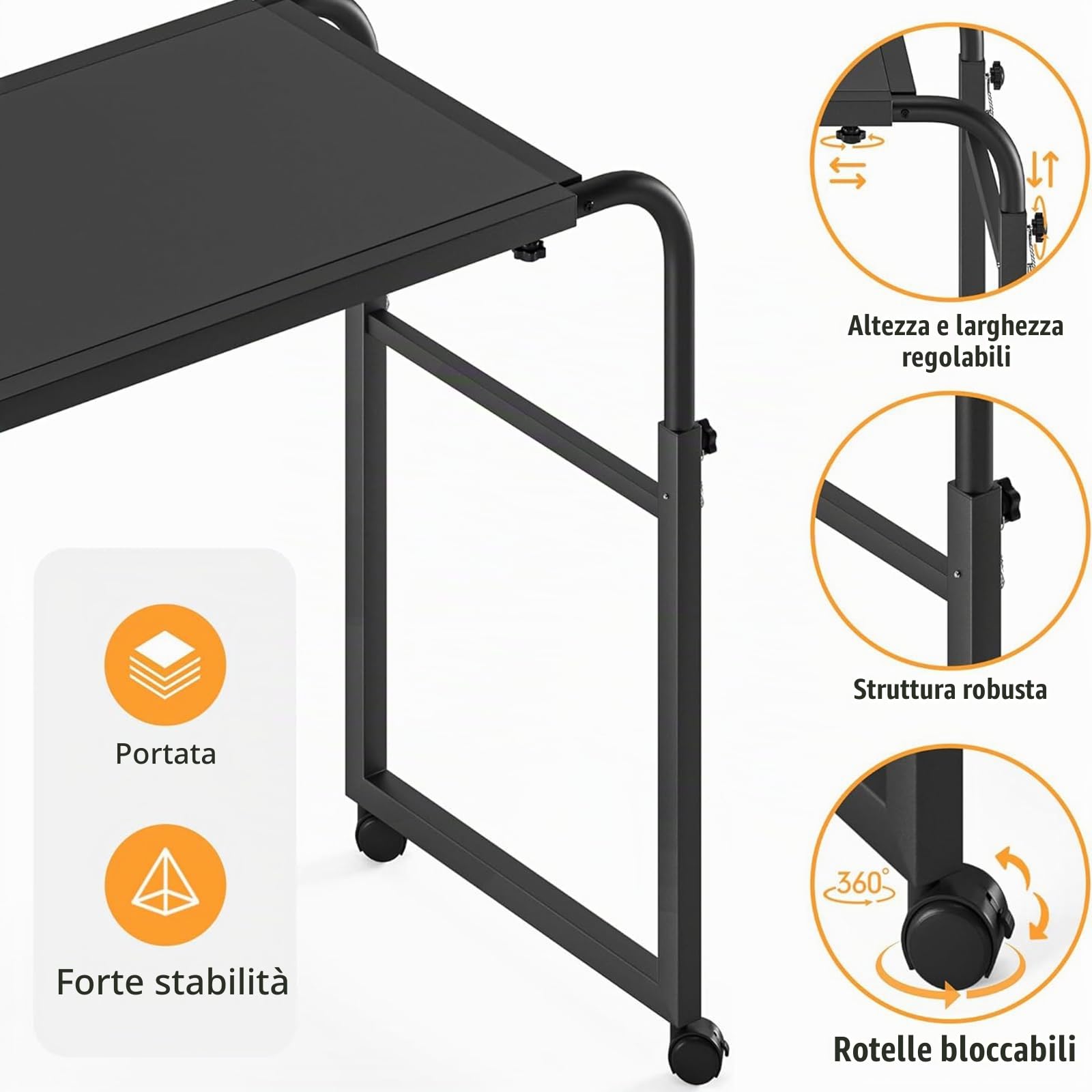 Tavolino da Letto Colazione Tavolo Letto Regolabile e Portatile,Tavoli per computer mobili regolabili lunghi 45.28"-82.68" con ruote scrivania portatile comoda per la lettura (Bianco)