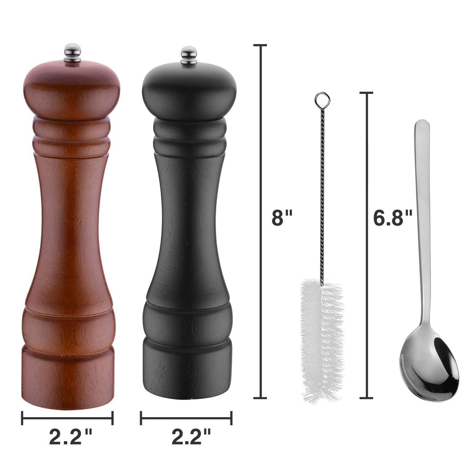 Salt and Pepper Shakers,AQUAKIN 8" Wooden Salt and Pepper Grinder Shakers Mill Crusher-Black & Brown 2set