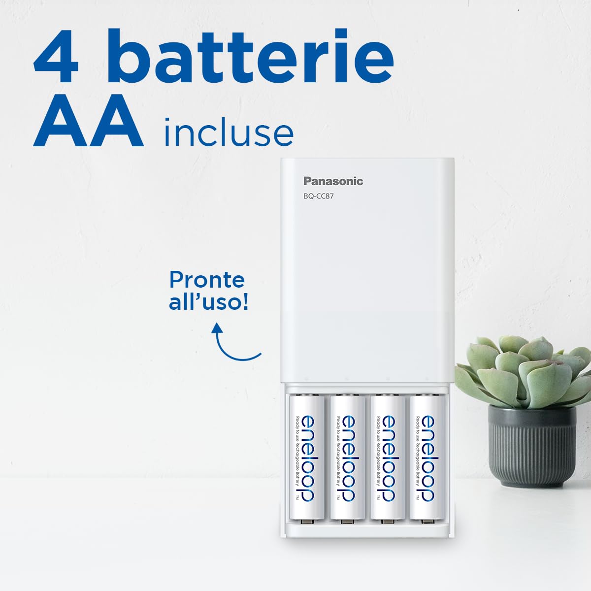 Eneloop SmartPlus Travel caricabatterie USB, per 1-4 batterie ricaricabili AA/AAA, 2.25 ore tempo di ricarica, 10 funzioni di sicurezza, 4 batterie Eneloop AA (2000 mAh) incluse
