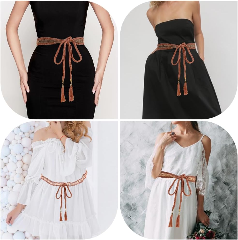 GORGECRAFT Bohemian Braid Waist Belt Gray Cotton Fiber Vintage Western Knotted Woven Bowknot Ropes - Image 5