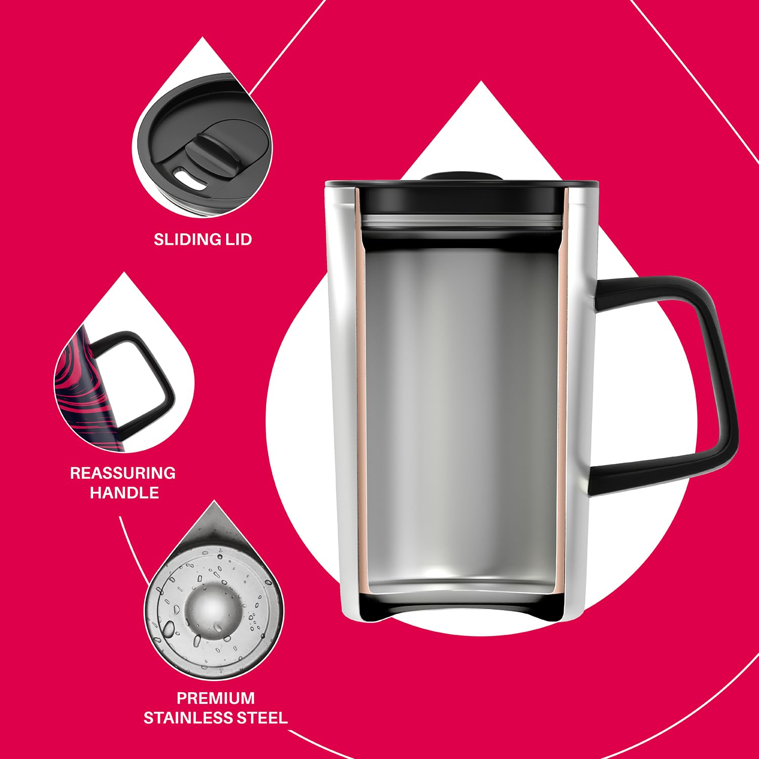 Ideus Tazza da caffè isolata sottovuoto, 473 ml, riutilizzabile, in acciaio inox, a doppia parete, con manico e coperchio scorrevole, per bevande calde e fredde, senza BPA (zebrata rossa)
