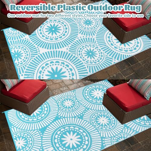 Ileading Large Plastic Outdoor Rug 8x10ft Modern Geometric Style Reversible Patio Area Rugs Waterproof Non Shedding Portable Carpets for Rv Outside Deck Pool Beach Picnic Camping (Teal) - Image 4