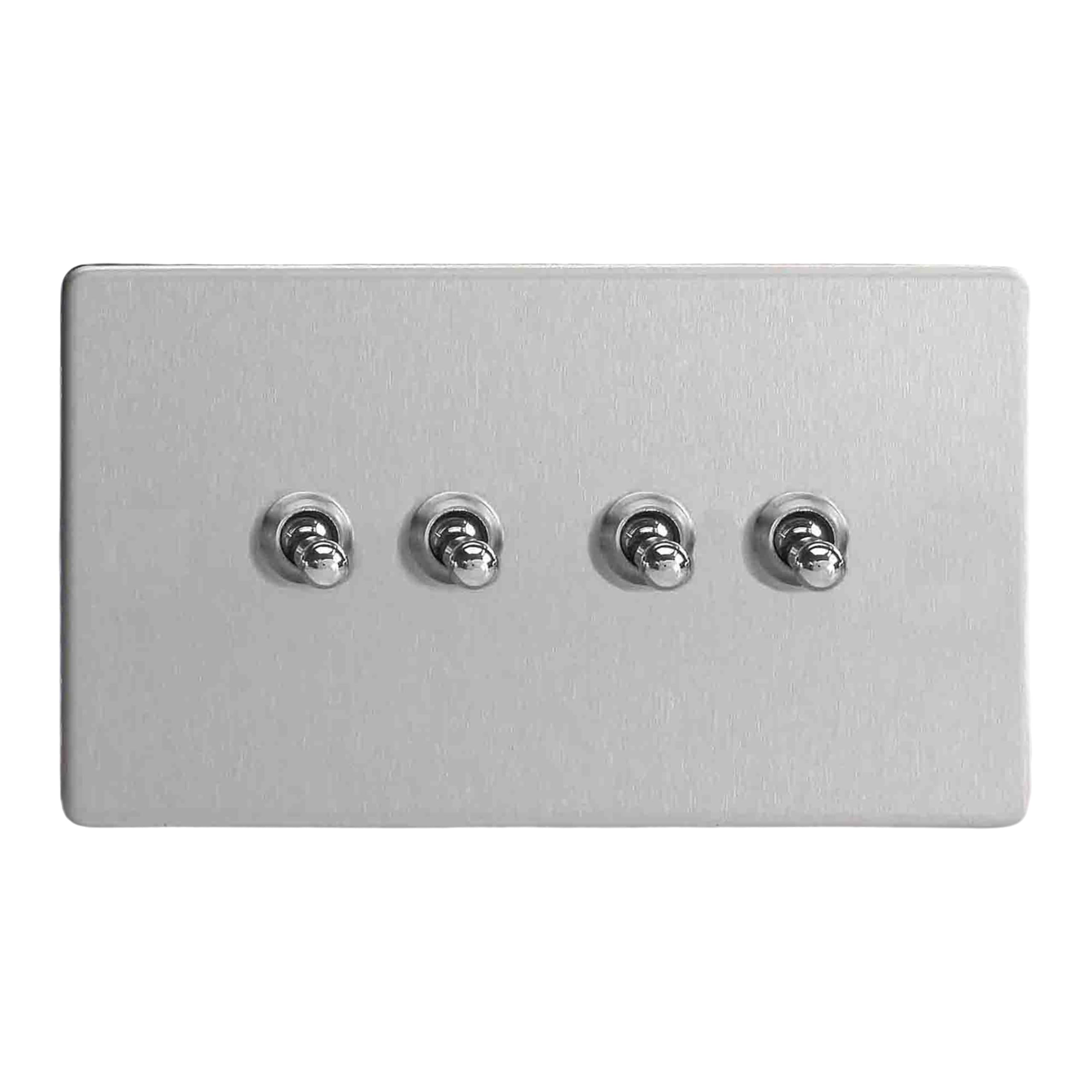 Varilight 4-Gang 2-Way Toggle Light Switch - Screwless Brushed Steel With Chrome Toggles, XDST9S, 86x147x36mm