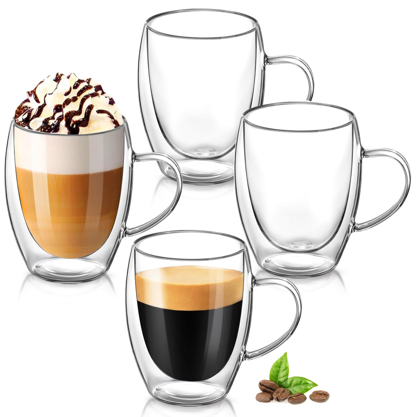 Tazze in vetro a doppia parete, 4 tazze da caffè in vetro da 350 ml, resistenti al calore, bicchieri da caffè trasparenti con manico, per cappuccino, tè, latte, succo di latte e latte