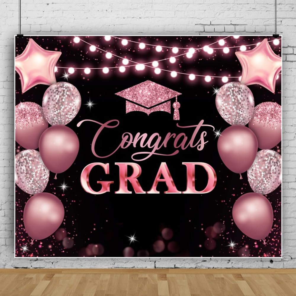 10x8ft Graduation Backdrop Black and Rose Gold Congrats Grad Photo Background for Photography 2026 Congratulations Graduates Party Decorations Large