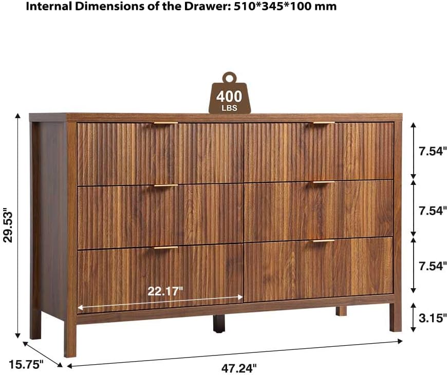 6 Drawer Dresser Cabinet, Long Nightstand with Drawers and Storage Cabinet, Farmhouse Solid Wood Dresser TV Stand, Mid Century Modern Nightstand with 6 Drawer Side Table for Bedroom Closet (Walnut)