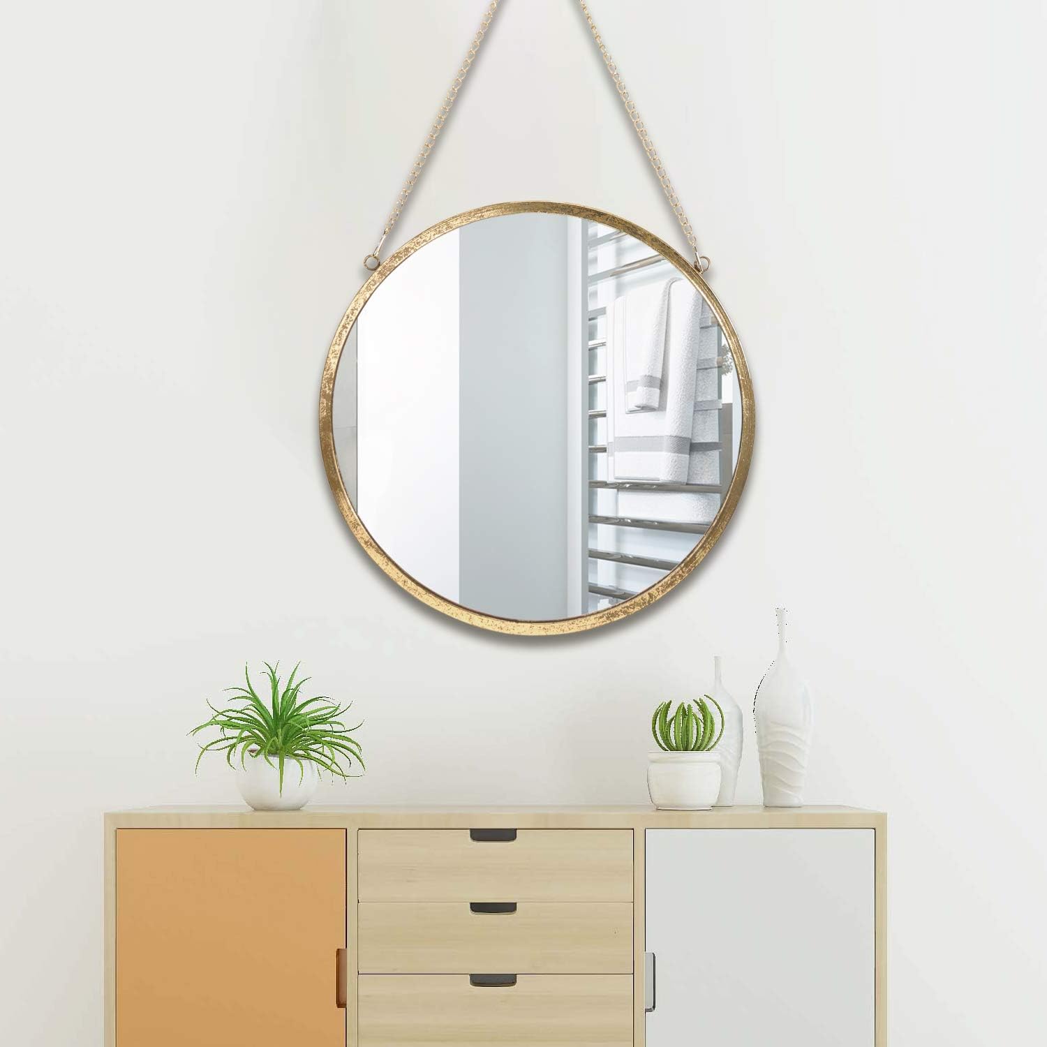 PLINRISE Round Wall Mirror, Modern Metal Framed Mirror, Decorative Hanging Vanity Mirror for Bedroom, Bathroom and Living Room, Size 20” (Gold)