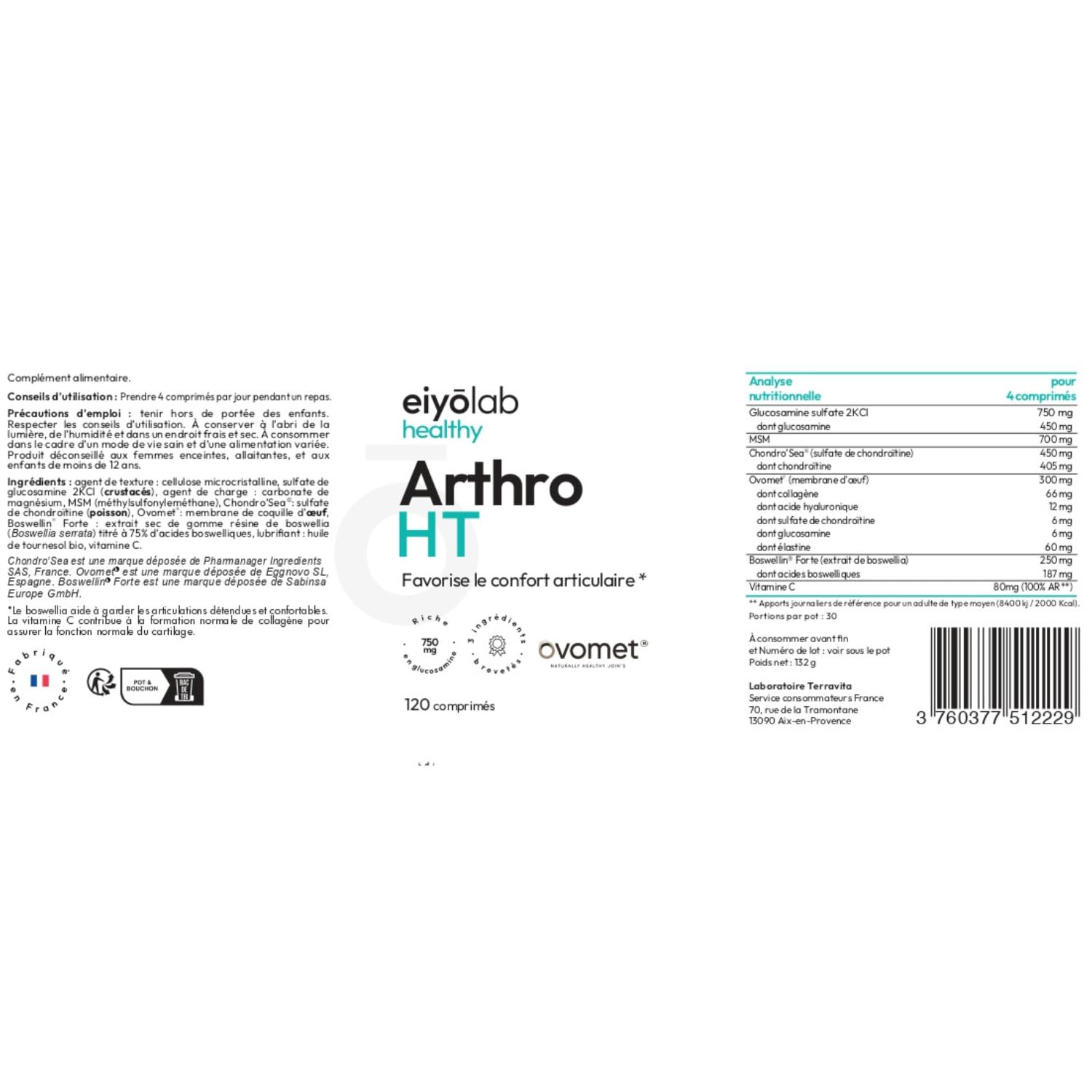 ARTHRO HT | Articulations Douloureuses - Soulagement Rapide et Durable | 3 Actifs Brevetés | Collagène Ovomet + Glucosamine + Chondroïtine + MSM + Boswellia | 120 Comprimés | Made in France | Eiyolab