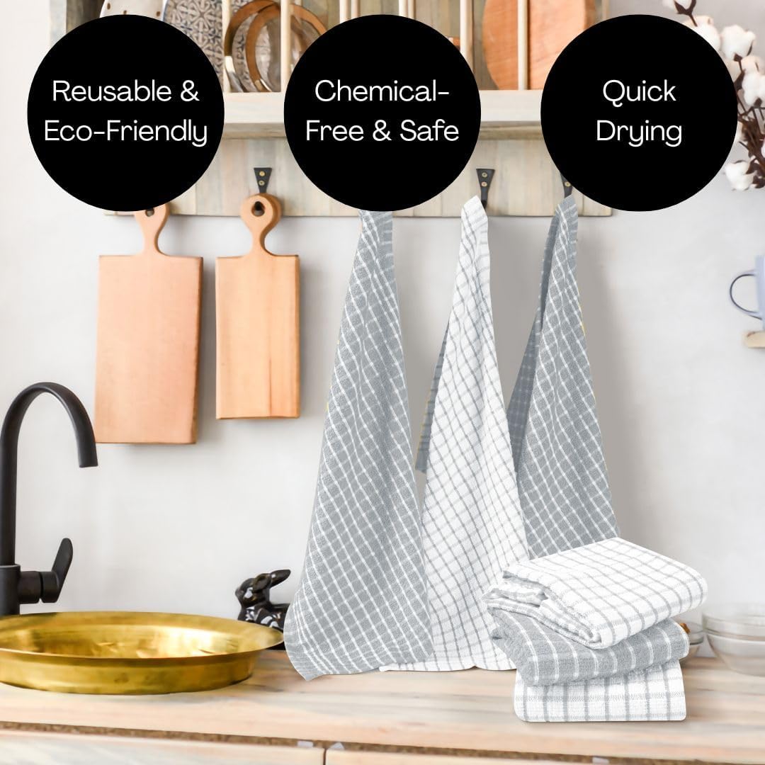 Assorted Terry Kitchen Towels 100% Cotton Set of 6 - Soft Absorbent Tea Towels for Kitchen - Dish Cloths Cleaning Towels with Hanging Loop - Quick Drying 15x25 inches Dish Towels Grey