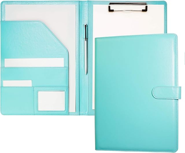 Clipboard Folder A4 Conference Folder Portfolio Folder A4 for Legal Pad, Faux Leather A4 Folder Work Writing Foldover Clipboard with Cover, Portfolio Organiser A4 Folio Clip Board (Pale Turquoise)