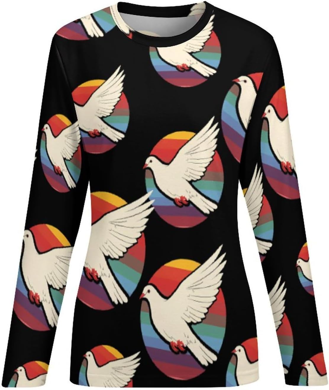 Retro Rainbow Pigeon Women's Pajama Top Sleepwear Pajamas Sleep T-Shirt Long Sleeve Shirt Crewneck Tee