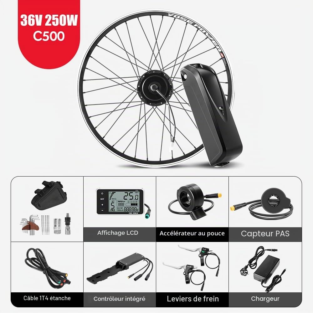 SEASON Ebike Kit de Conversion pour Vélo Électrique 26/27,5/28 Pouces Moteur Arrière 36V 250W 350W Roue Libre avec 36V Batterie 13Ah / 18Ah et Chargeur